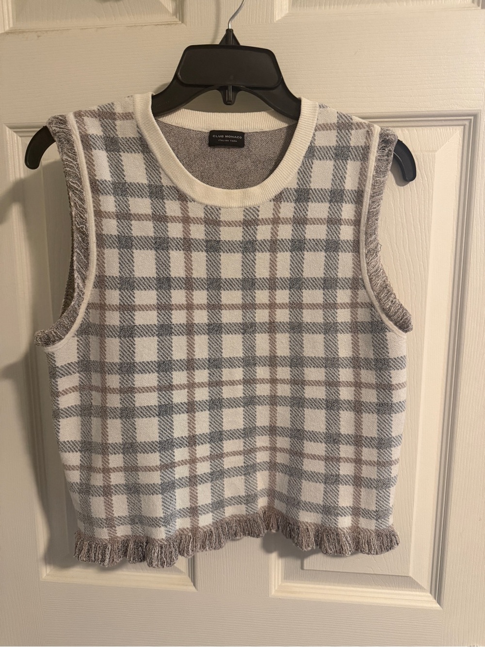Club Monaco Cream Plaid Knit Sweater with Gray and Brown Checks